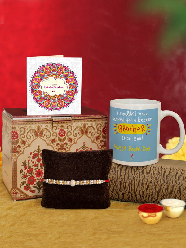 White & Red Rakhi with Coffee Mug & Greeting Card