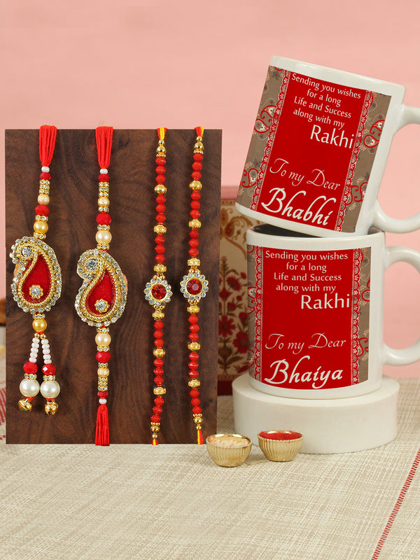Set of 2 Rakhi for Brother and Bhabhi with  Printed Coffee Mugs (325 ml) Wishes Card (UK)