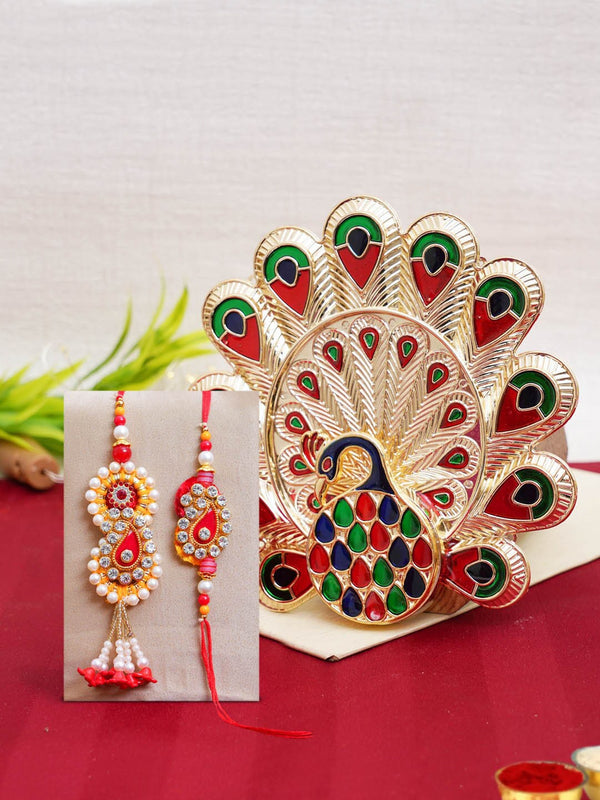 Bhaiya Bhabhi Rakhi Set with Peacock Pooja Thali Combo Gift Set