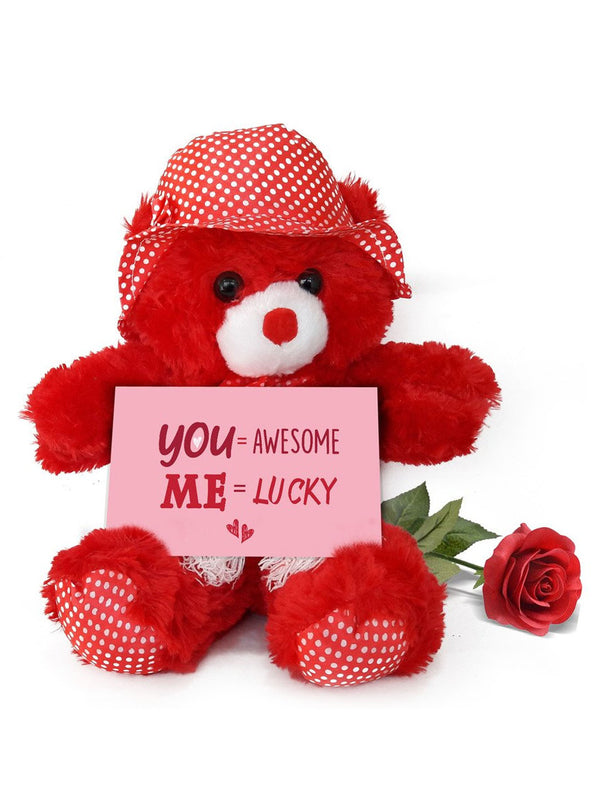 Gift Combo Teddy Bear with Valentine's Special Greeting Card and Red Rose