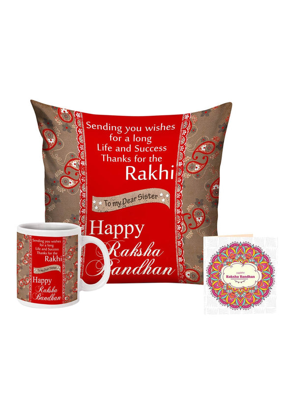 Muliticolored Printed Cushion with Mug & Card Rakhi