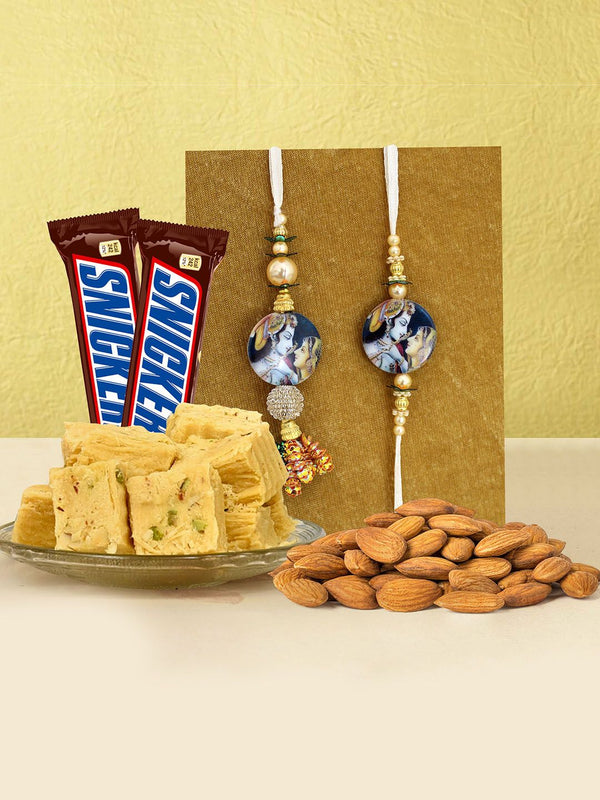 Rakhi with Lumba Set for Bhaiya Bhabhi with Dry Fruits, Chocolates and Soan Papdi