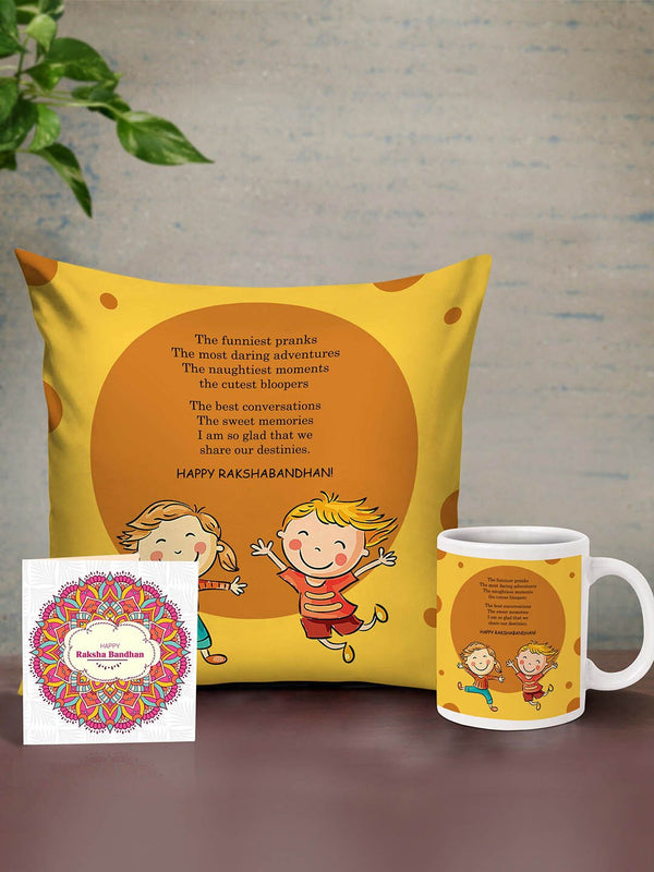 Muliticolored Printed Cushion with Mug & Card