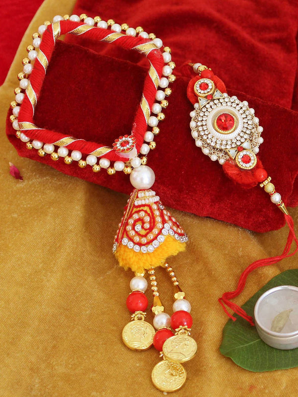 Red & White Brother & Bhabhi Lumba Rakhi Gift Set