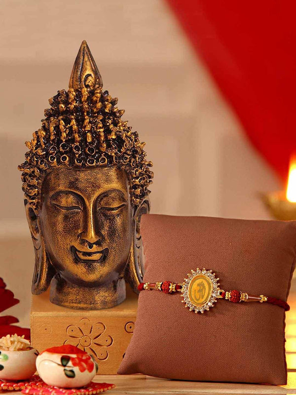 Yellow & Bronze-Toned Buddha & Rakhi Gift Set
