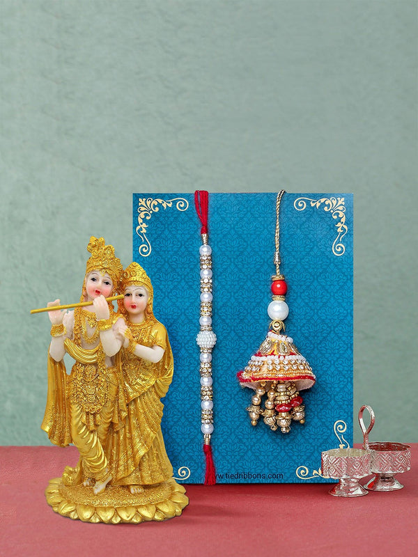 White Handcrafted Bhaiya Bhabhi Lumba Rakhi with Radha Krishna Gift Pack