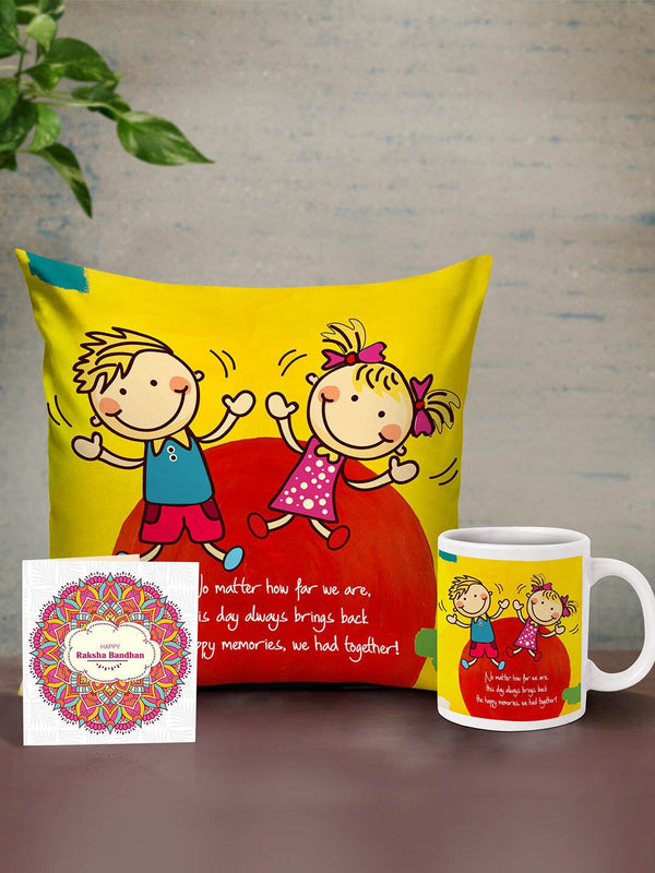 Muliticolored Cushion, Mug & Card Rakhi Return Gift Set