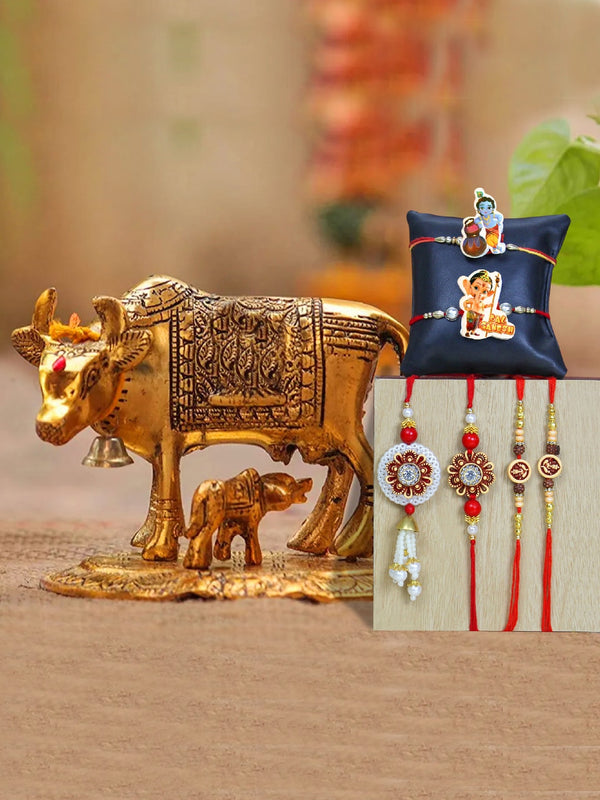 Pack of 6 Rakhi & Cow with Calf Idol Gift Set