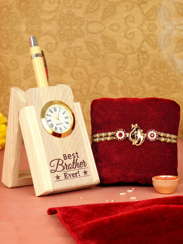 Rakhi for Brother with Gift Pack (Wooden Pen Stand with Pen) and Rakshabandhan Card, Roli Tika