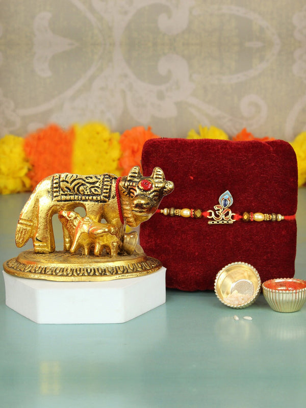 Designer Om Rakhi for Brother with Cow Statue Combo