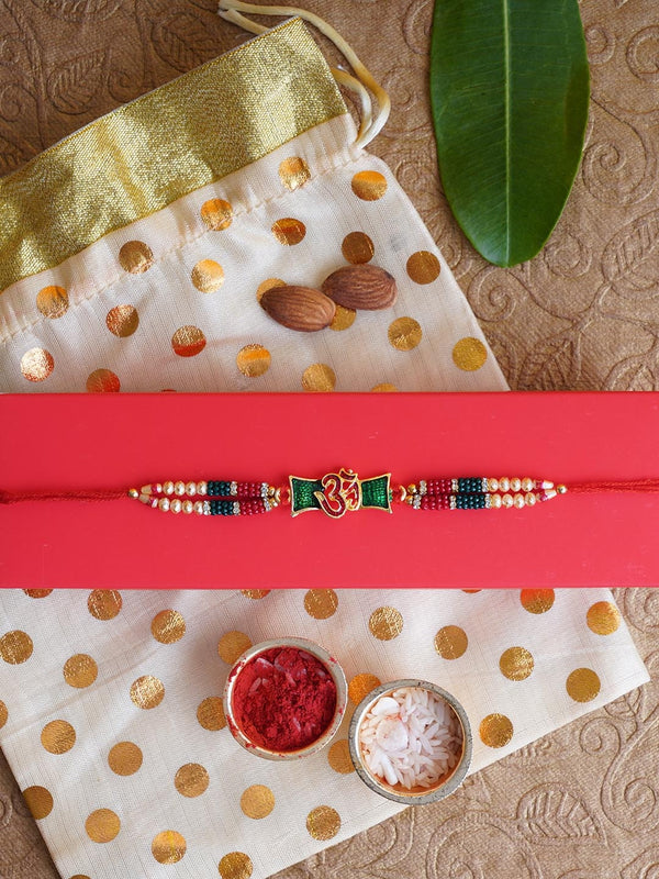 Men Multicolored Beaded Om Rakhi with Card & Roli Chawal