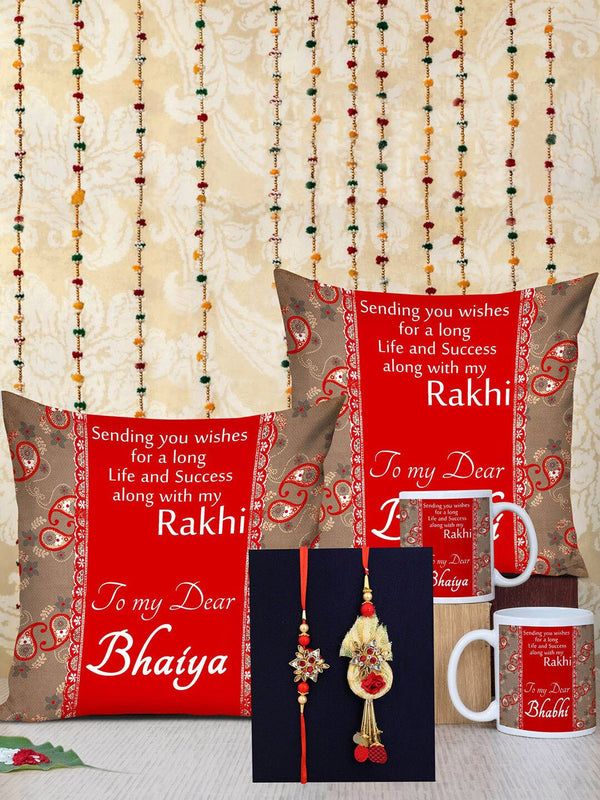 Set Of 5 Bhaiya Bhabhi Lumba Rakhi with Cushion Mug Combo Gift Pack