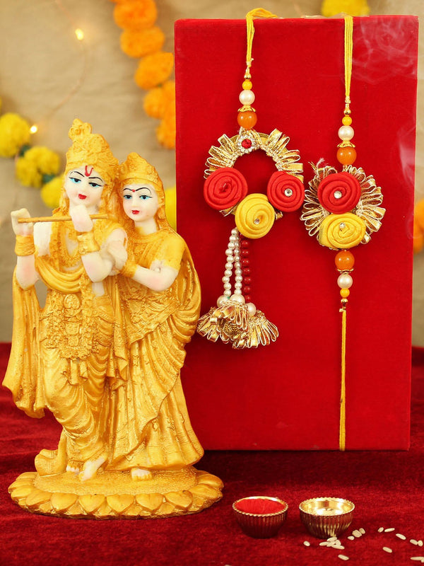 Yellow Red Set of 2 Rakhi with Radha Krishna Idol