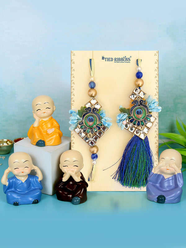 Rakshabandhan Bhaiya Bhabhi Rakhi with Monk Idol Statue| Wishes Card | Roli Chawal Tika