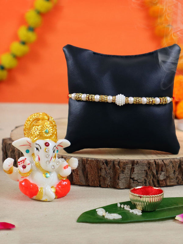 Men Multicoloured Pearl Rakhi with Mini Ganesha Idol Statue Gift Set