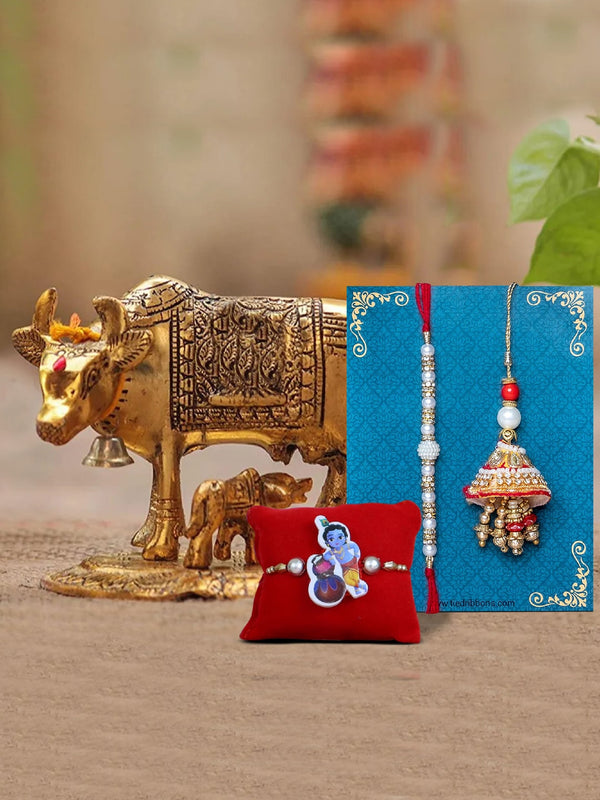 Set of 3 Rakhi for Bhaiya Bhabhi Kids & Cow with Calf Idol