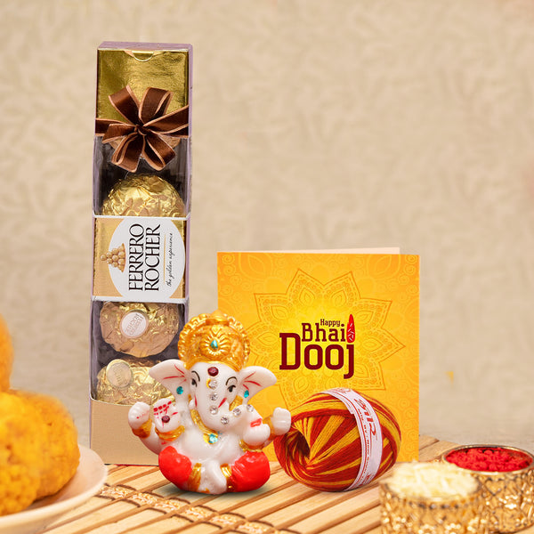 Bhai Dooj Combo Gifts (Mini Ganesh Idol) for Brother with Ferrero Rocher Chocolates, Kalawa & Roli Chawa