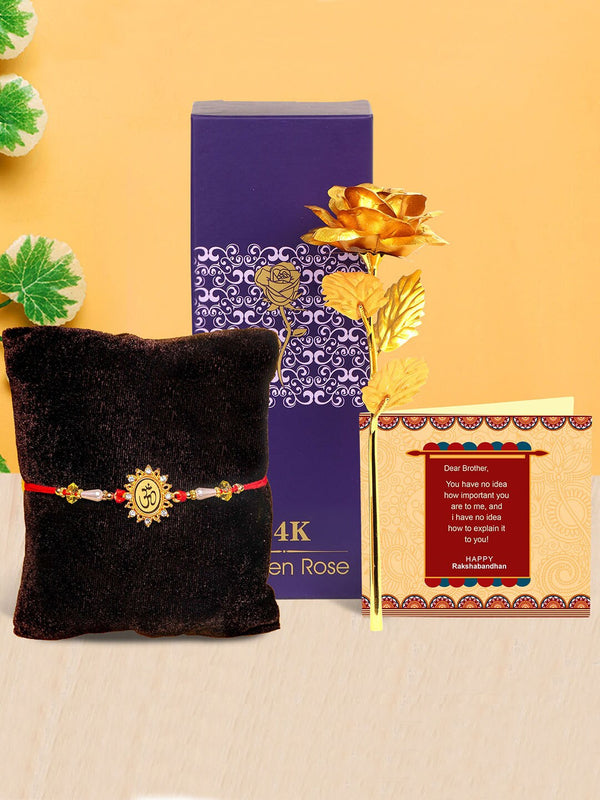 Multicoloured Rakhi with Golden Rose & Mini Card