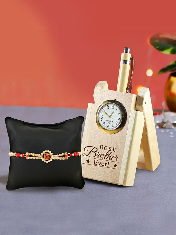 Multicoloured Rakhi with Wooden Penstand & Roli Chawal Combo