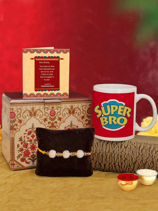 White & Red Rakhi with Coffee Mug & Greeting Card