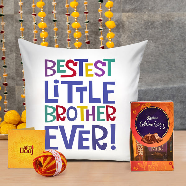 Bhai Dooj Combo  Printed Cushion Cover with Filler (12*12 inch) with Cadbury Celebration Chocolate, Kalawa & Roli Chawa