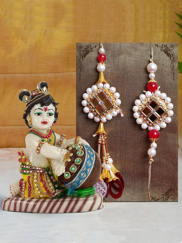 Multicoloured Bhaiya Bhabhi Lumba Rakhi with Krishna Idol Combo Gift Set