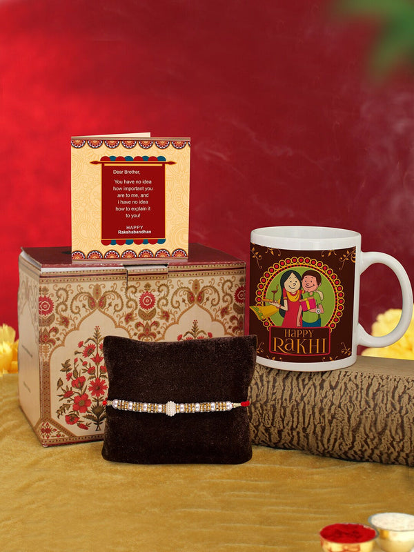 White & Brown 4-Pieces Coffee Mug & Rakhi Gift Set