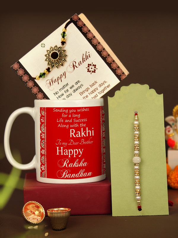 Pearl Rakhi for Brother with Coffee Mug & Card Gift Pack