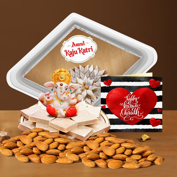 Karwa Chauth Special Mini Ganesha Idol with Kaju Katli Almonds and Mini Card