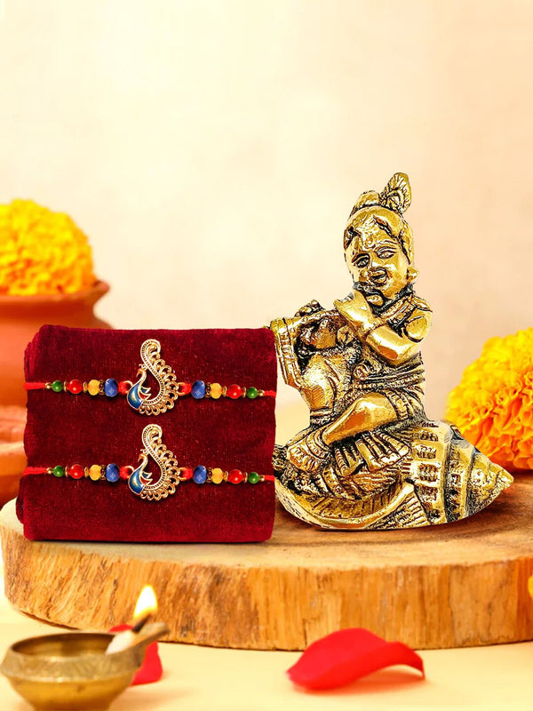 Set of 2 Rakhi for Brother with Krishna Showpiece Combo