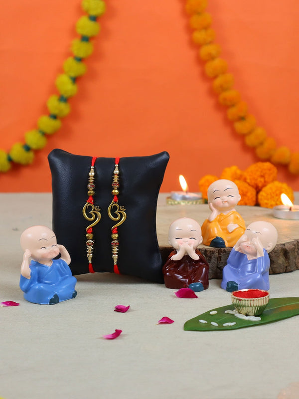 Set of 2 OM Rakhi & 4 Buddha Monk Gift Set