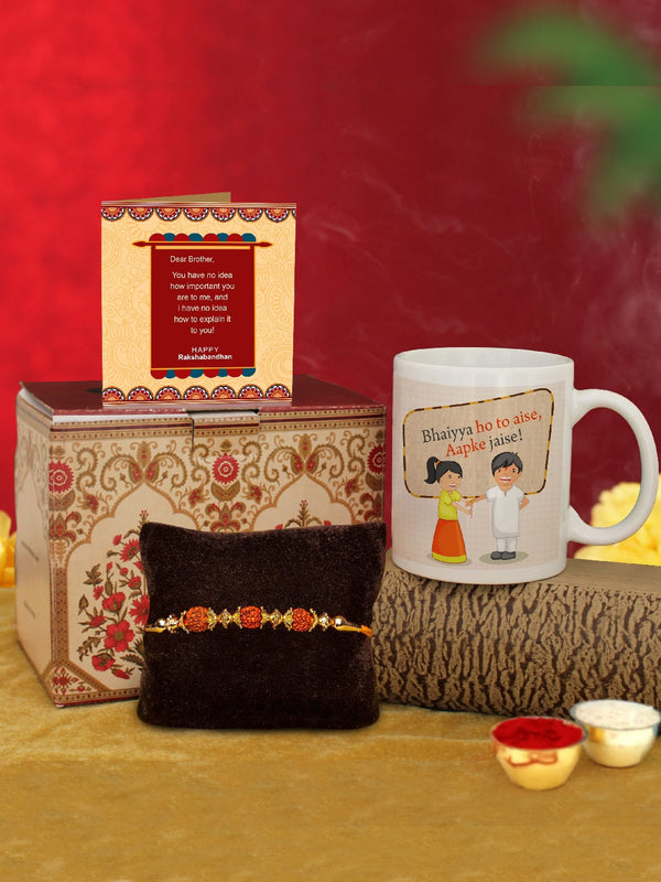 Gold-toned & Red Rakhi with Printed Coffee Mug & Roli Chawal