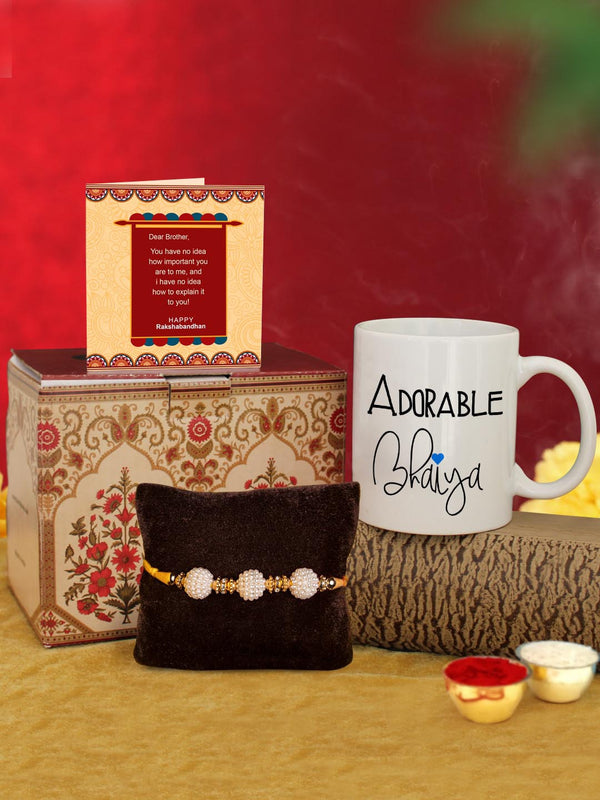 white & Red Rakhi with Coffee Mug & Greeting Card Combo