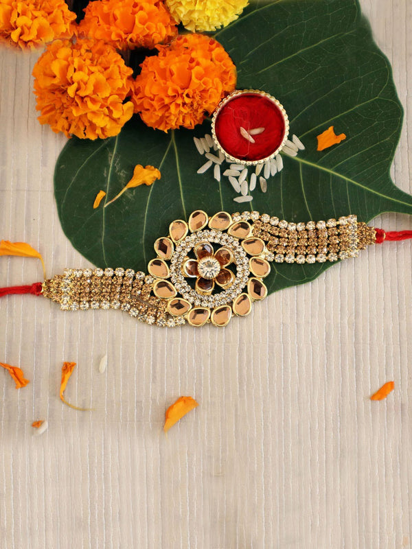 Men Designer Stoned-Studded Floral Rakhi with Card & Roli Chawal
