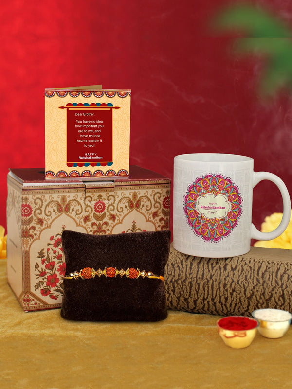 Rudraksha Rakhi with Printed Coffee Mug Card & Roli Chawal Gift
