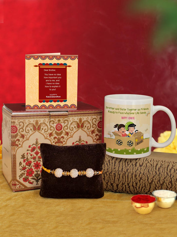 White & Golden Rakhi with Coffee Mug & Greeting Card
