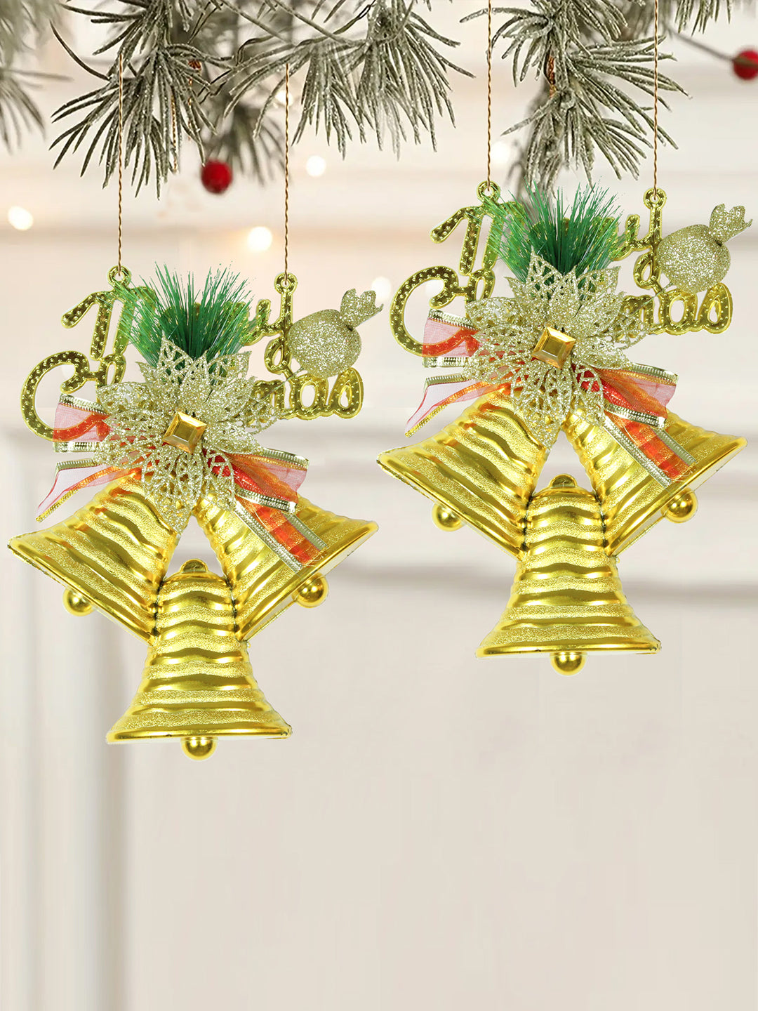 Bell Rope Ribbon Buy | Set of 2 Merry Christmas Gold Bell | Tied Ribbons
