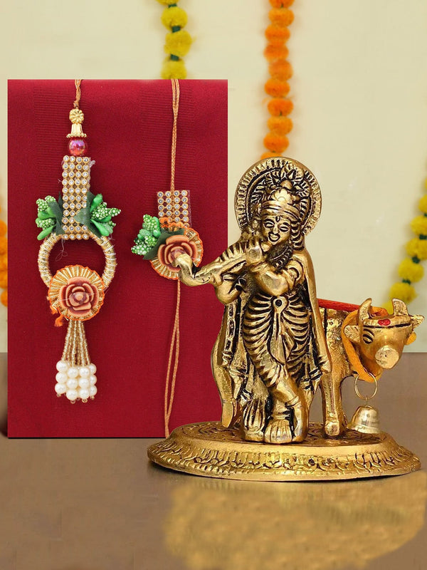 Gold-Toned & Green Bhiaya Bhabhi Rakhi & Krishna