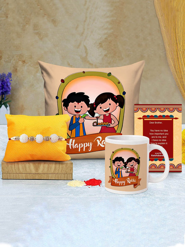 Set Of 4 Rakshabandhan Rakhi & Cushion with Filler & Mug With Greeting Card