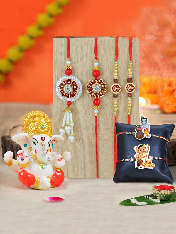 Set of 4 Bhaiya Bhabhi & Kids Family Rakhi Set with Lord Ganesha Idol
