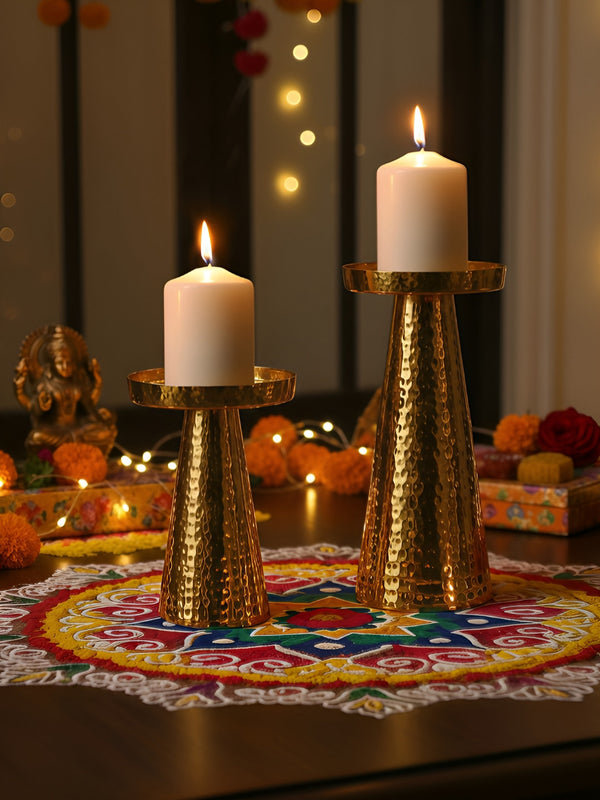 Pack of 2 Hammered Candle Stand Gold Toned