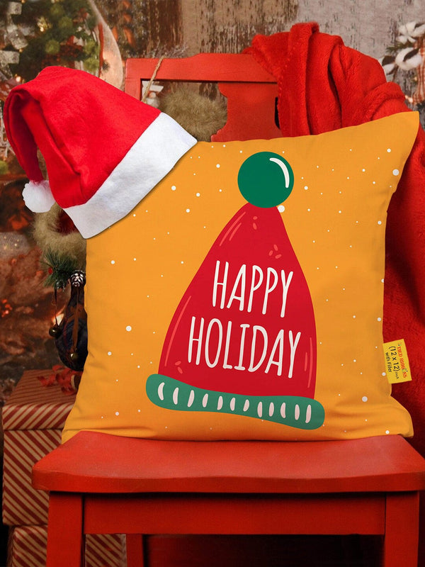 Yellow & Red Christmas Printed Square Cushion Cover With Filler & Santa Cap