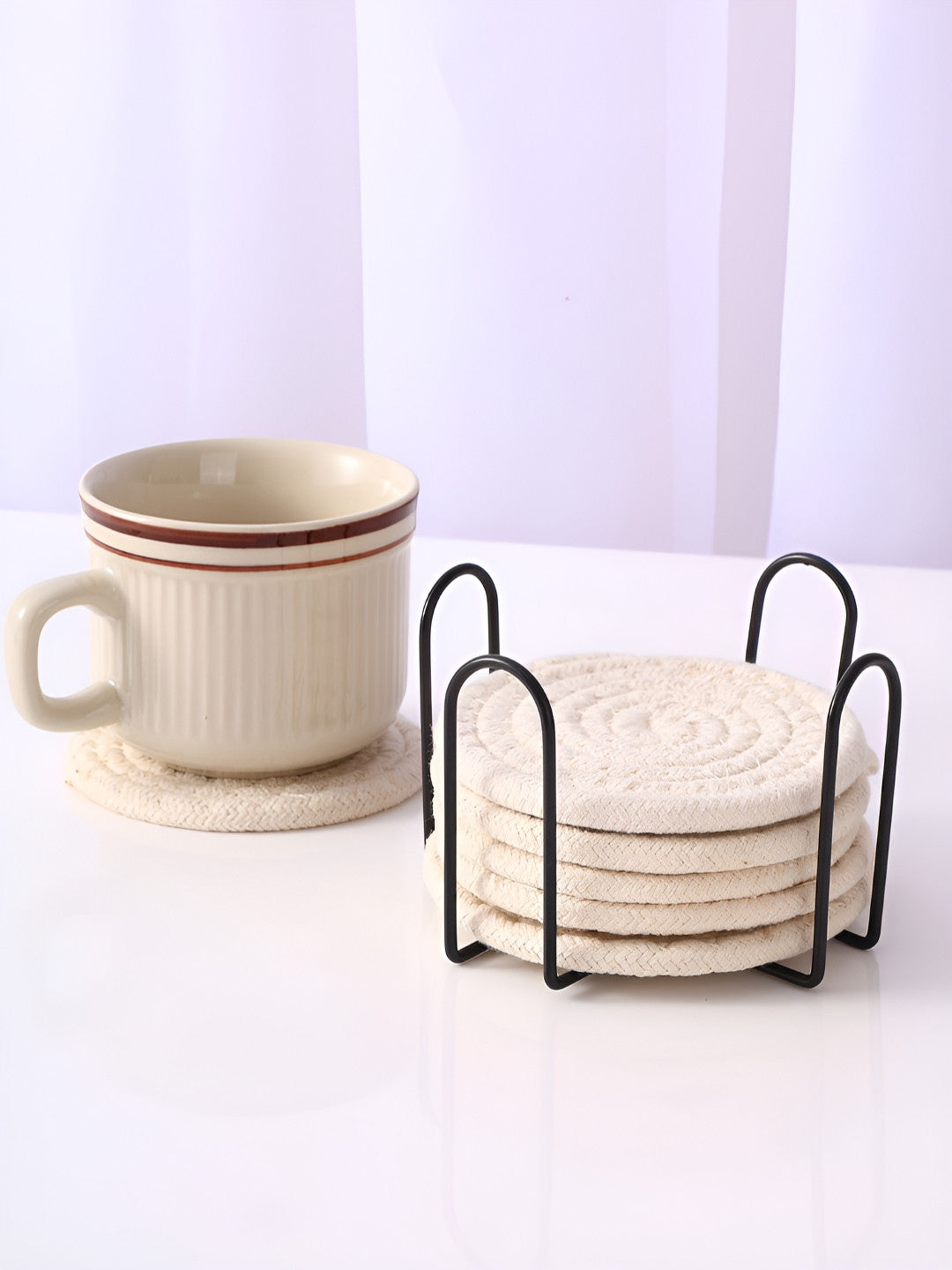 Buy | Cream Coloured 6 Pieces Round Coasters | Tied Ribbons