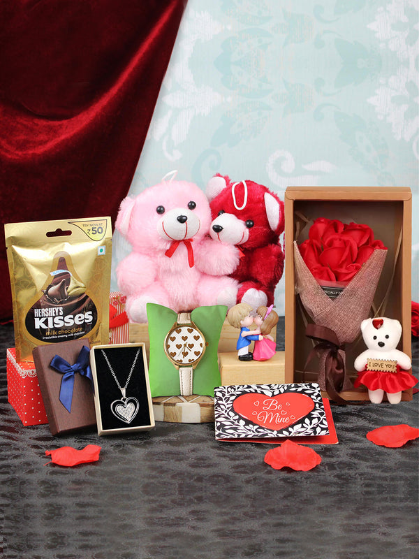 Set of 7 Rose Bouquet Teddy Watch & Valentine Card Chocolate Gift Set
