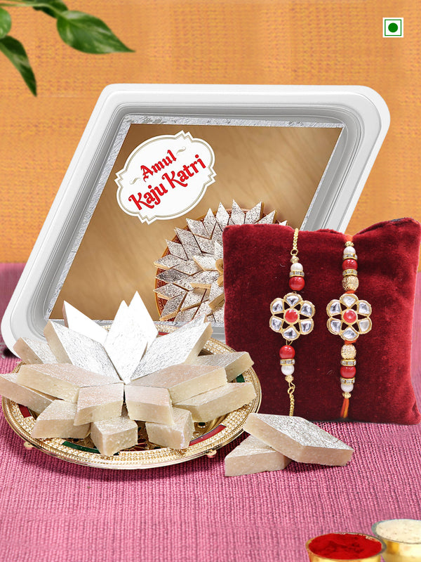 Premium Rakhis with Kaju Katli Gift Pack Mini Greeting Card and Roli Chawal - Rakhi Gift
