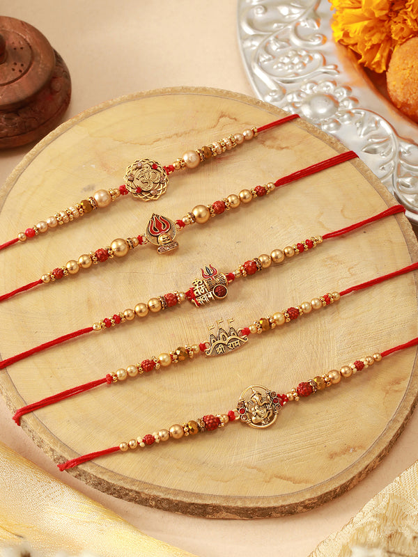 Premium Set of 5 Rakhi for Bhaiya Mini Greeting Card Roli Packet (USA)