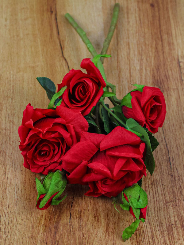 Red & Green Set Of 2 Artificial Rose Flower Stick Without Vase