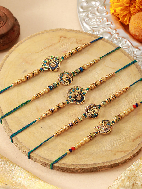 Premium Set of 5 Peacock Rakhi Mini Greeting Card Roli Tika (USA)