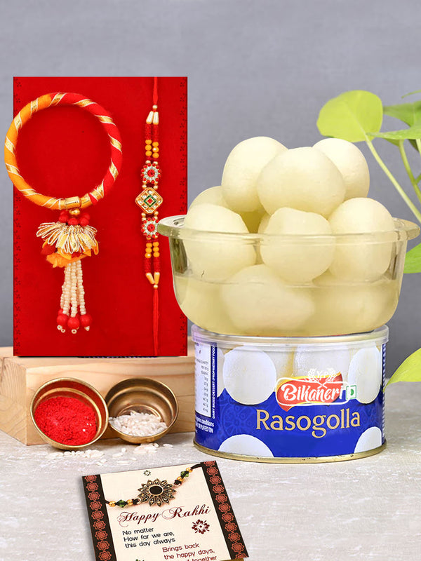 Sweets Hamper - Designer Lumba Rakhi Set of 2 for Bhai Bhabhi with Rasgulla Mithai Card and Tikka - Bracelet Rakhi for Brother and Bhabhi