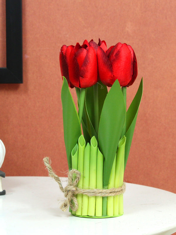 Artificial Tulip Lily Flowers Plants for Decoration (Red, 24.5 cm x 6.3 cm)